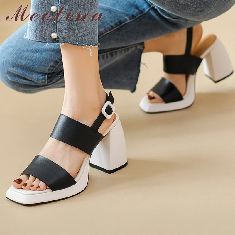 

Meotina Women Genuine Leather Sandals Square Toe Thick High Heel Sandals Platform Buckle Design Sandals Lady Shoes Summer 40