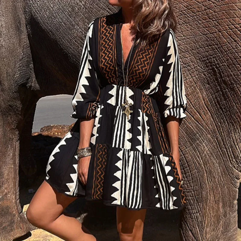 

Vintage Elegant Long Sleeve Deep V-neck Short Dress Chic Women Graphic Print Waisted Beach Dresses Casual Summer New Hem Dress