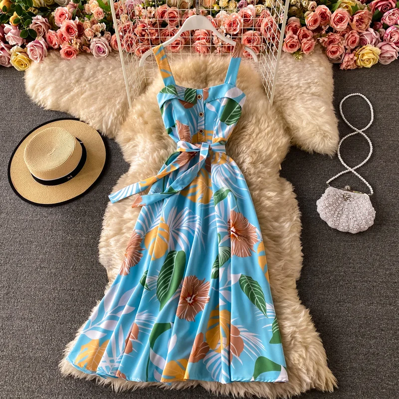 

Summer Vocation Style Leaves Printed Suspender A-line Long Dress Waist Sashes Vintage Printing Pleated Beach Cotton Dress