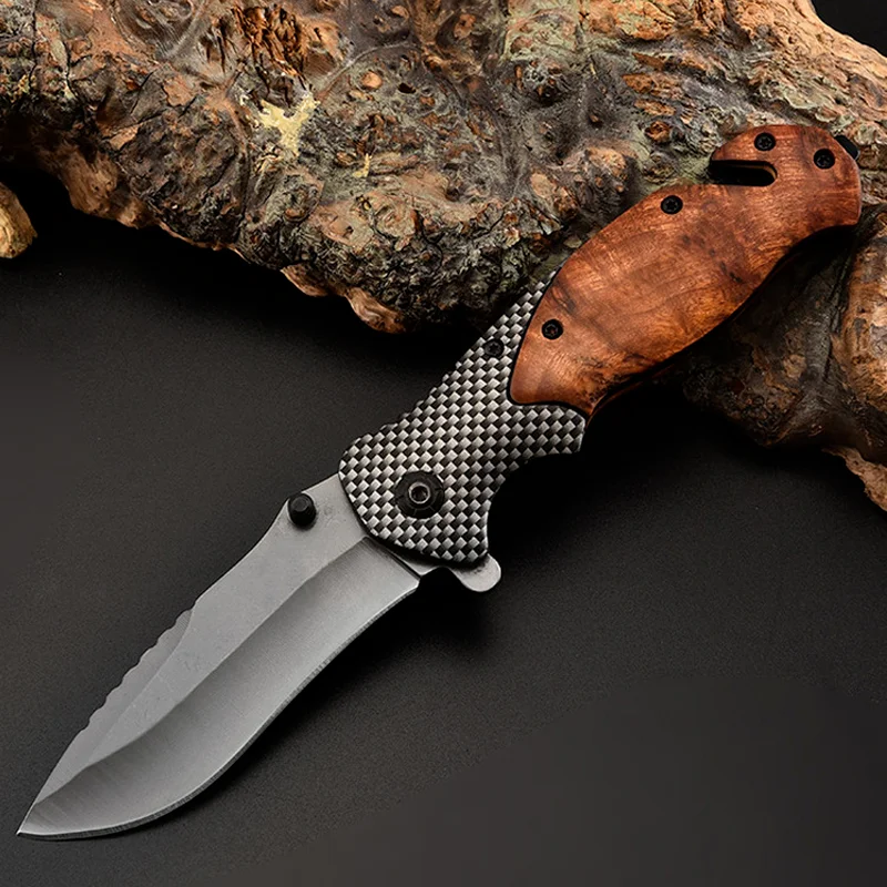 

X50 Tactical Folding Blade Knife Wood Handle Carbon Fiber Outdoor Camping Hunting Survival Pocket Utility EDC Multi Tools