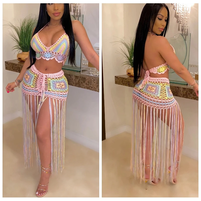 

2021 New Crochet Knitted Beach Dress Sexy Women Crop Top+ Long Tassel Skirts Bikini Swimwear Cover Up Robe De Plage 2PCS/SET