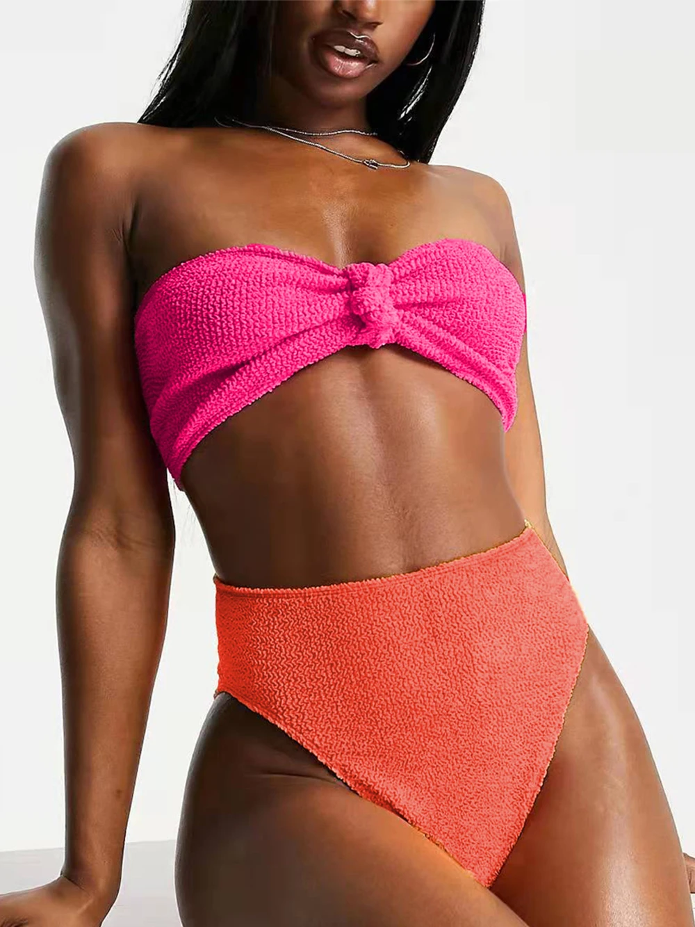 

Sexy High Waist Bandeau Bikini Set Neon Crinkle Swimsuit Women Strapless Knot Swimwear 2022 Bathing Suit Two Piece Beach Summer