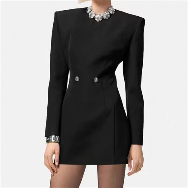 

Женские платья, Новинка осени 2023, корейское модное мини-платье с металлическими пуговицами, высококачественные длинные платья из смешанной шерсти y2k