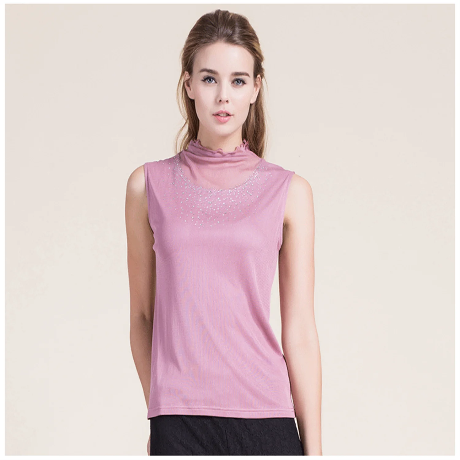 

Women's Solid Knitted Turtleneck Sleeveless Diamonds Tops 100% Silk Thin Stretch Hedging Silk Tees Spring Summer Hot Sale