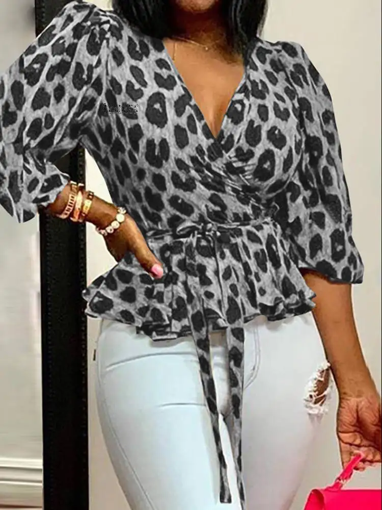 Zanzea Топ С Леопардовым Принтом Для Женщин V-образный Вырез Шнуровка Рукав Три