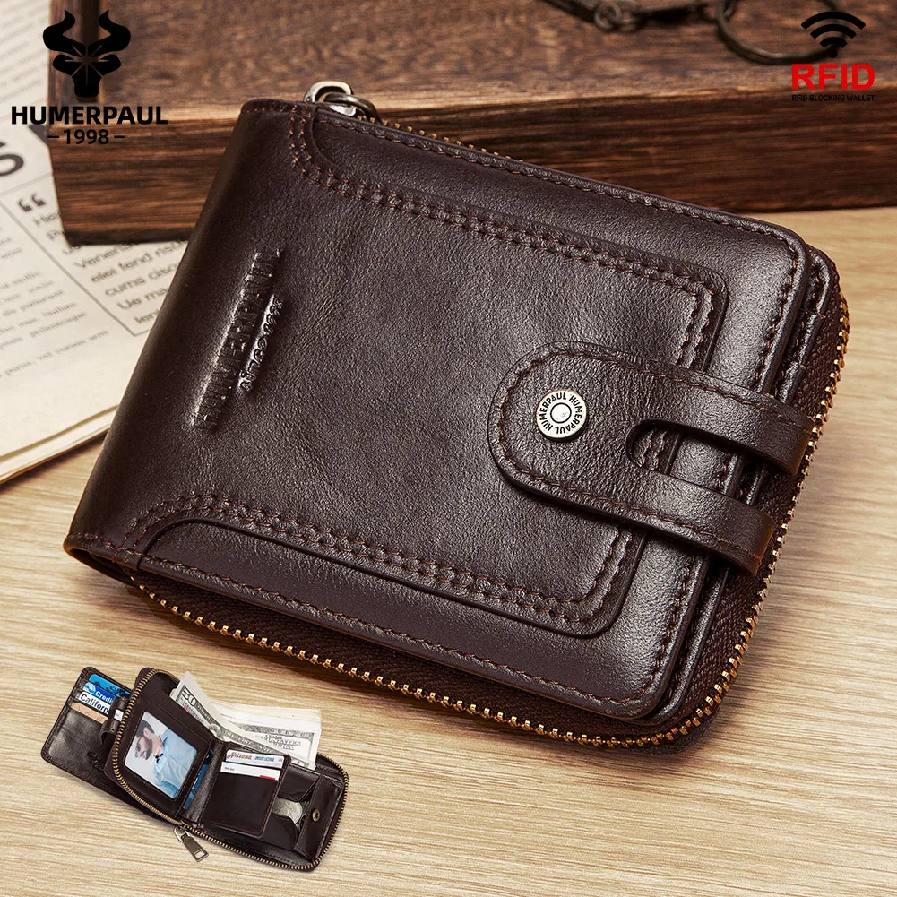

HUMERPAUL Men's Wallet Genuine Leather RFID Protection Card Holder Walet with Coin Pocket Vintage Male Small Money Bag Quality
