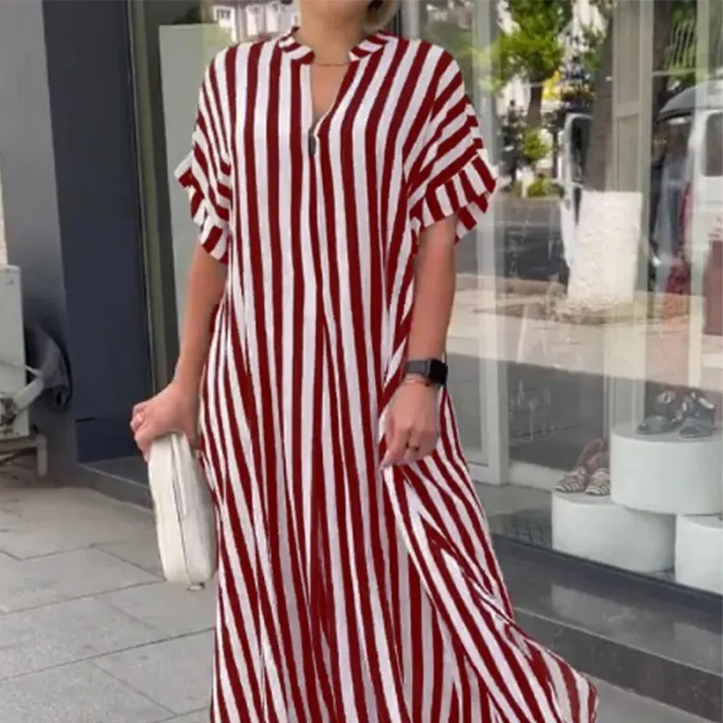 

Casual Short Sleeve V Neck Loose Vacation Long Dress Streetwear Women Elegant Fashion Stripe Bohemian Dress
