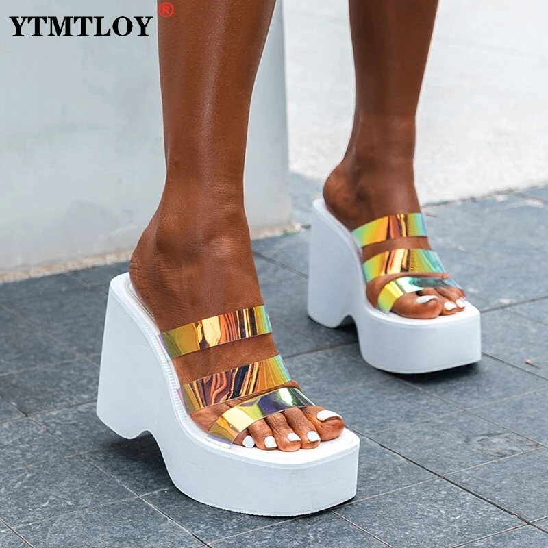 

Big Size 43 Summer Black White Chunky Heeled Mules High Heels Leisure Trendy Platform Wedges Sandals Shoes For Women