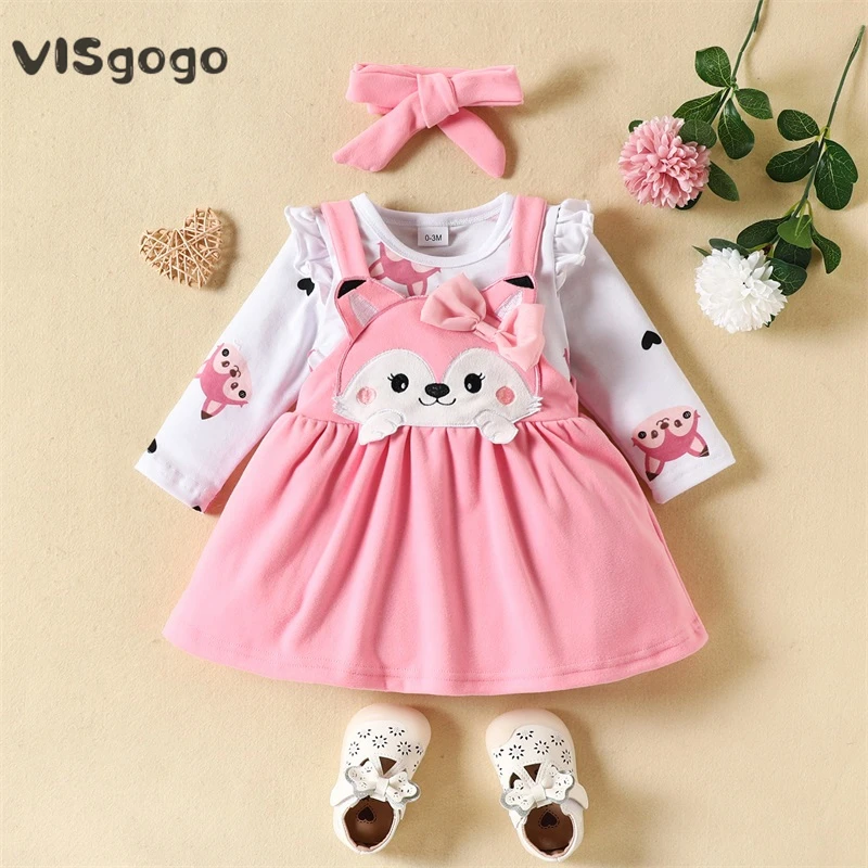 VISgogo Baby Girls Clothes Autumn Cute 3 Piece Outfits Long Sleeve Ruffle Romper and Fox Print Suspender Skirt Headband Sets