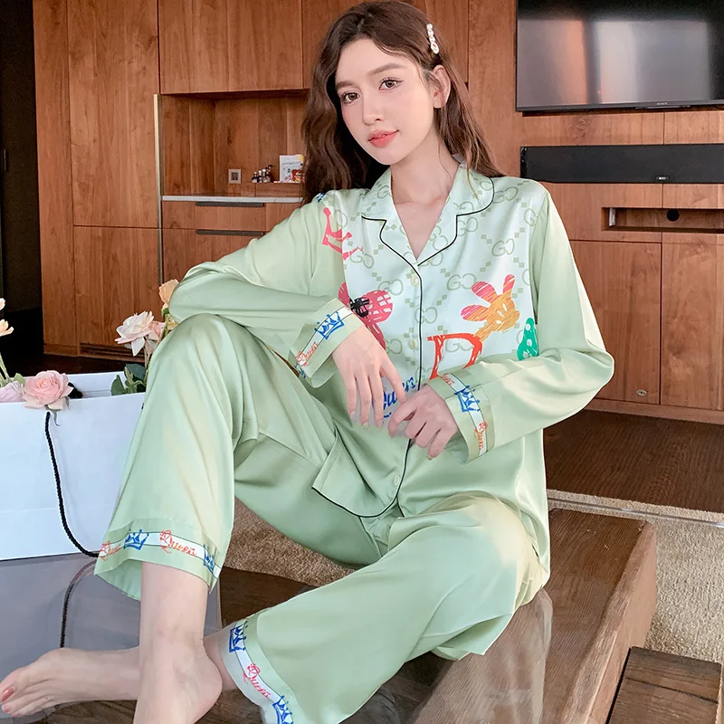 Ice silk pajamas women's autumn long-sleeved trousers thin two-piece suit  bộ đồ ngủ mùa hè nữ  pajamas for women