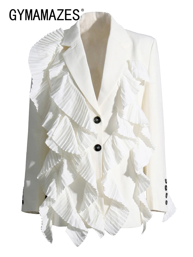 

GYMAMAZES Solid Chic Blazers For Women Notched Collar Long Sleeve Single Breasted Individuality Patchwork Coats Female 2022 New