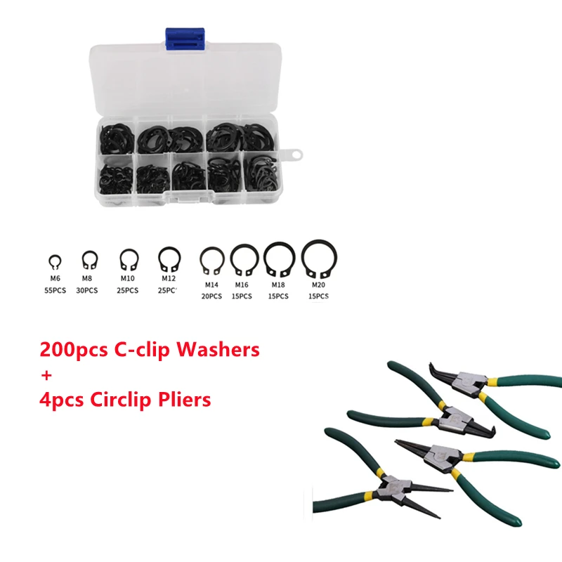 

200pcs C-clip Washers Internal External Retaining Circlips Snap 4pcs 7" Circlip Pliers Set External Internal Snap Ring Plier