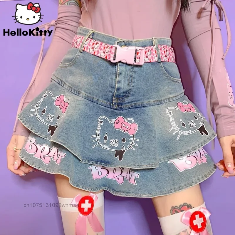 Джинсовая юбка Sanrio Hello Kitty для женщин плиссированная с тортом Y2k милый мультяшный