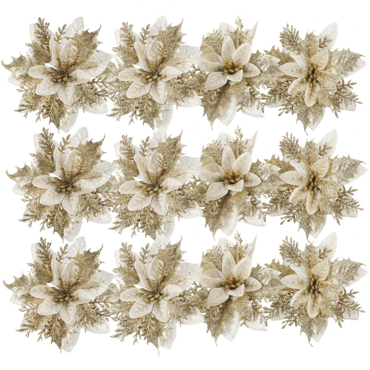 

24pcs Christmas Wreath Filler Christmas Tree Flowers Decorations Christmas Glitter Poinsettia Flowers Christmas Tree Picks