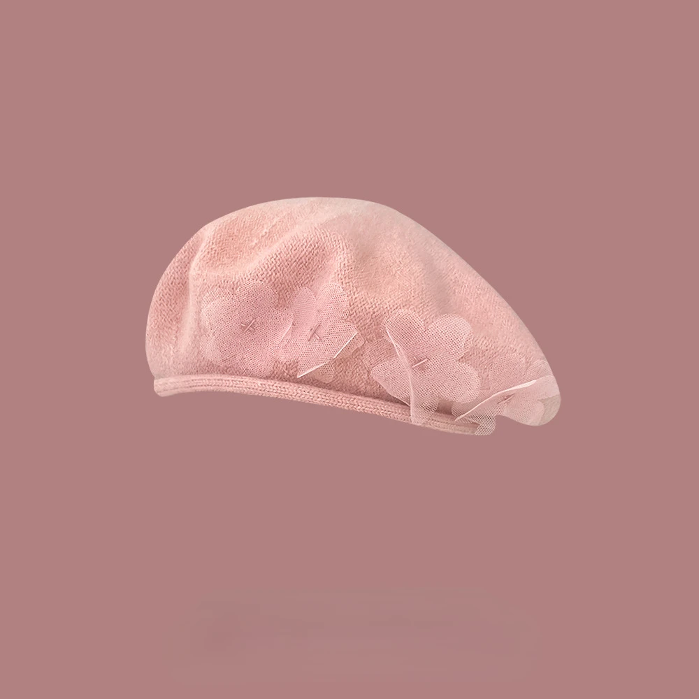 

New Japanese Sweet Lace Flower Beret Hat Female Autumn and Winter Korean Version All-match Literary Outdoor Painter Cap