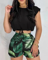 summer casual two piece set women fashion sports style printing sleeveless elastic tshirt shorts pants two piece suit women