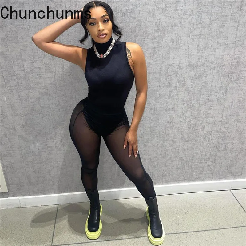 

Женский сетчатый комбинезон, черный облегающий эластичный комбинезон без рукавов, весна-лето 2022