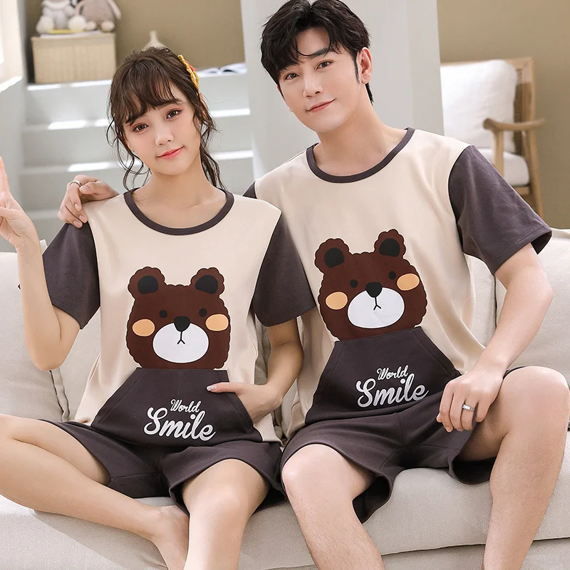 

Summer New Knitted Cotton Couple Cartoon Men's Pyjamas Red Pajamas Set Casual Male Sleepwear Pyjamas Nit Pijamas 4XL omewear