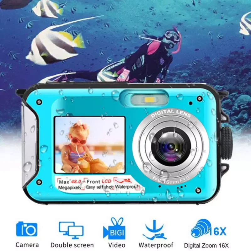 

Подводная камера для сноркелинга, 2,7 K, 48 МП, видеорегистратор, полноразмерный двойной экран, 10-футовый цифровой зум, водонепроницаемая цифро...