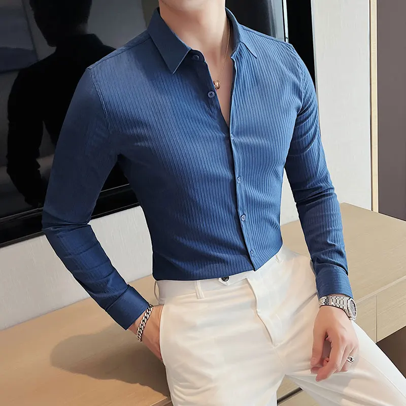 Classic Striped Long-sleeved Shirts Men Elasticity Slim Casual Business Formal Dress Shirt Streetwear Social Party Tuxedo Blouse