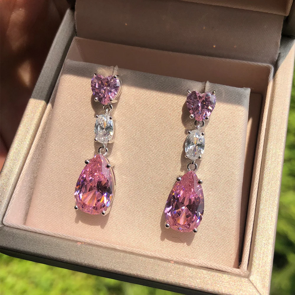 

2021 new high quality hot sale retro S925 silver zircon earrings white yellow blue pink pendant earrings suitable for workplace