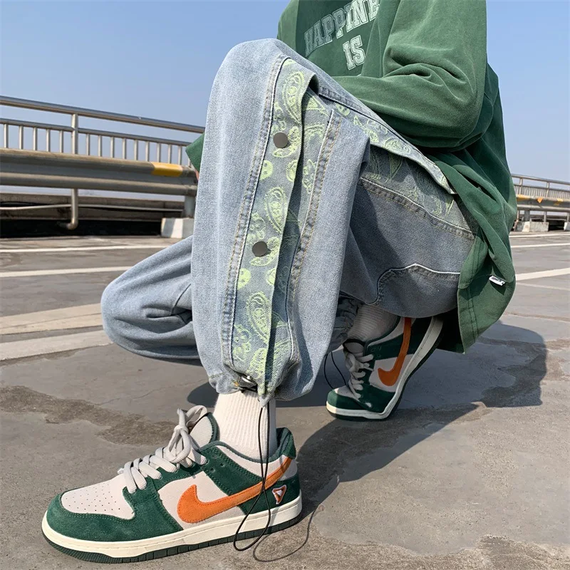 Harajuku Style Wide Leg Jeans Men's Ins Fashion Brand Spring Retro Draping Straight Button Pants Loose Daddy Pants