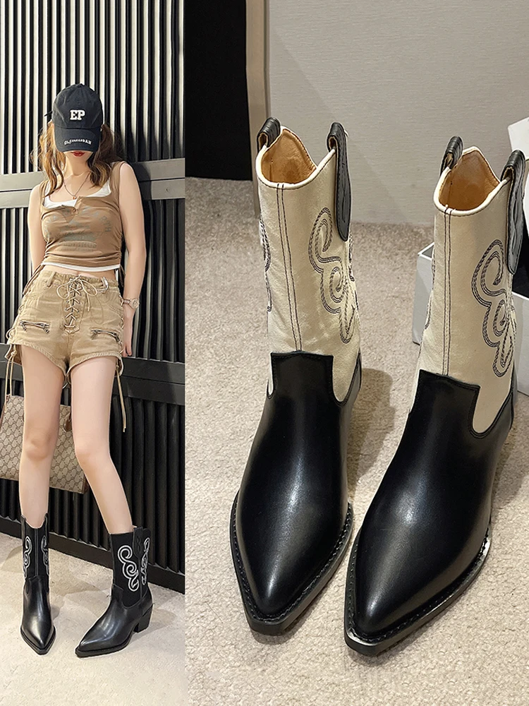 

Shoes Boots Women New 2023 Med Rubber Rock Autumn Ladies Leather Pointy Cowboy Ankle Lace-Up Solid Floral Slip-On Retro Microfi