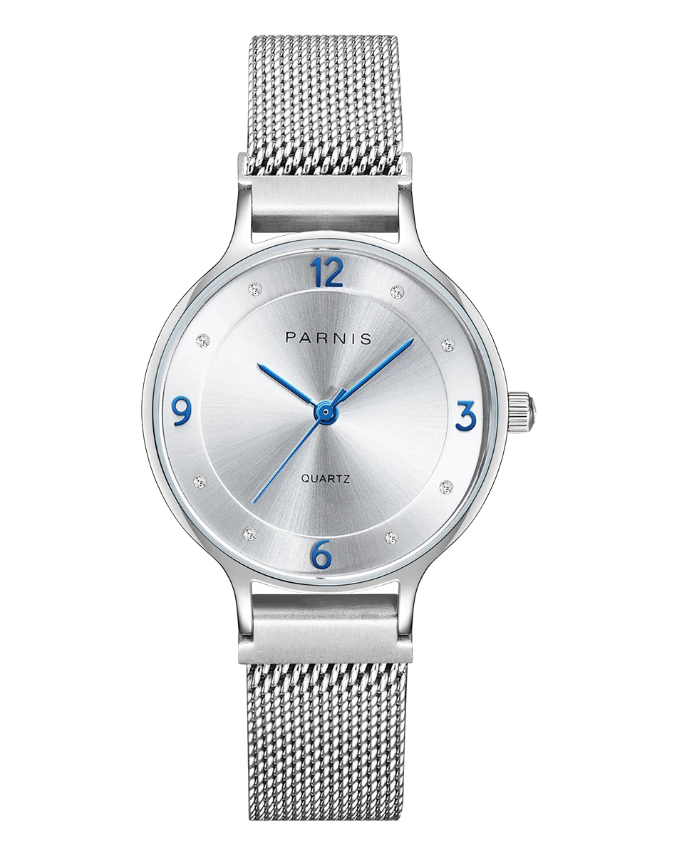 Fashion Parnis 30mm Silver Dial Quartz Women's Watch 6.6mm Thickness Ultra-thin Ladies Watches Mesh Strap Women Clock 2022 Gift