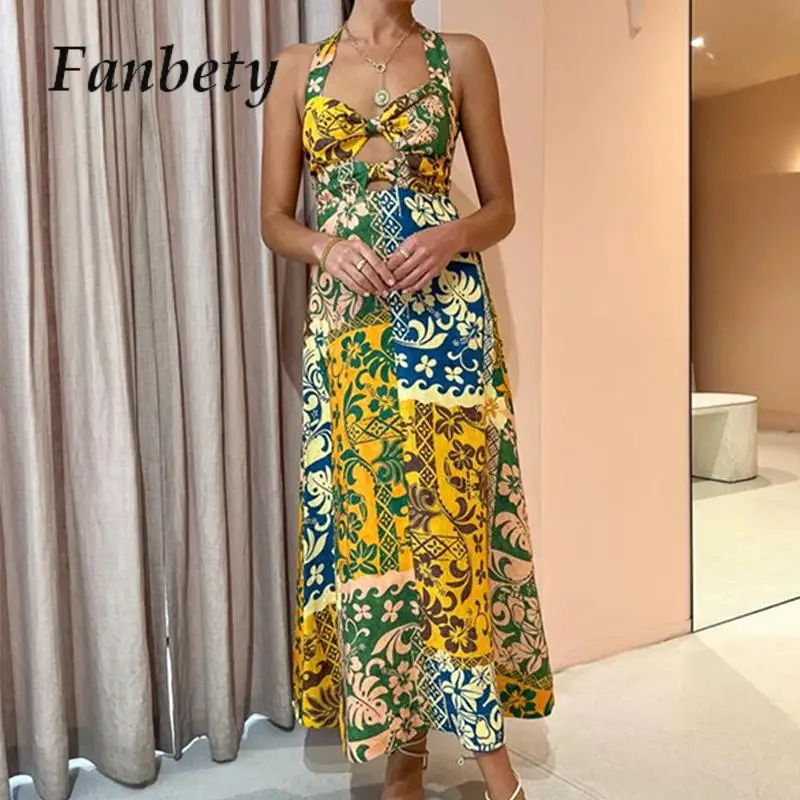 

Женское эластичное длинное платье с открытой спиной, модное ажурное сексуальное облегающее платье макси с принтом, элегантное облегающее платье с лямкой на шее и ретро-рисунком