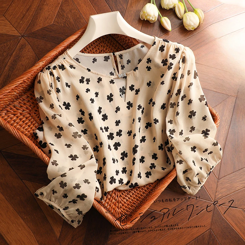 Шифоновая женская рубашка летняя винтажная блузка с принтом свободная