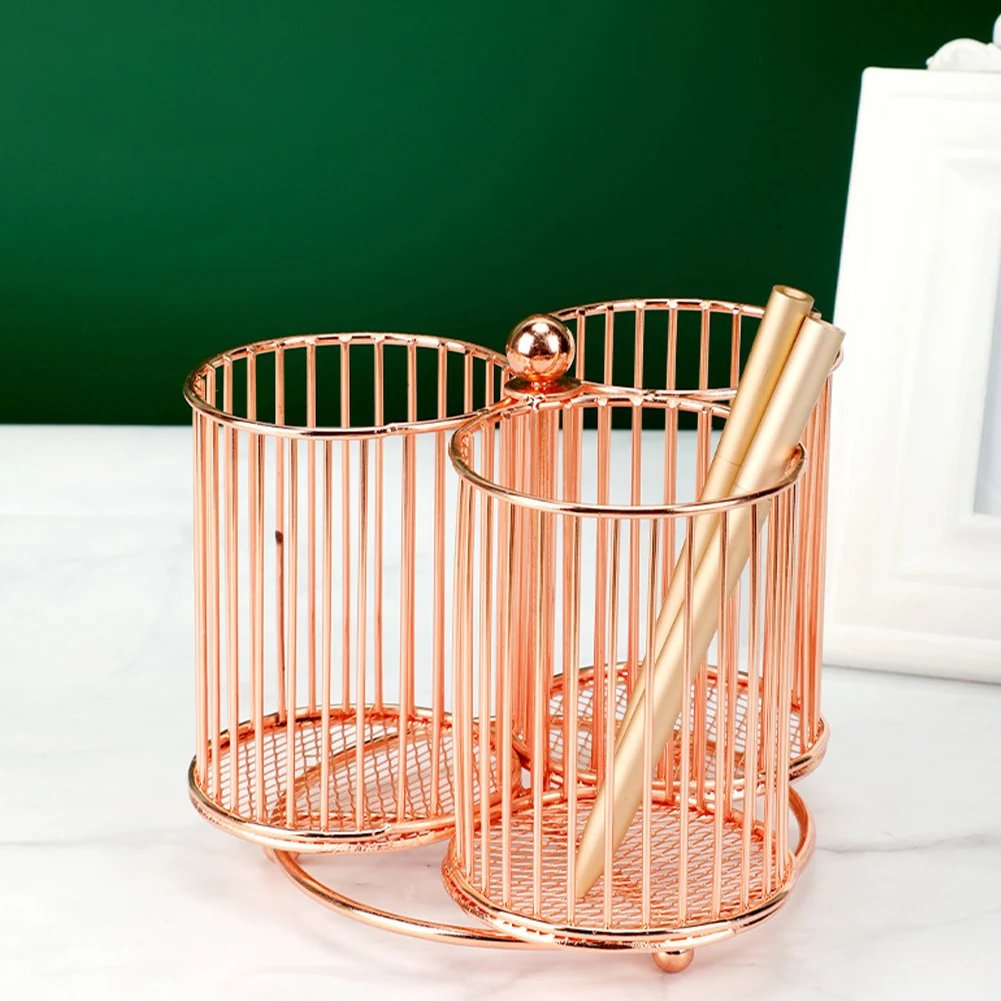 

Bedroom Rose Gold Desk Organizer Storage Hollowed Out Pencil Holder Makeup Brush 360 Degree Rotation 3 Sections Multifunctional