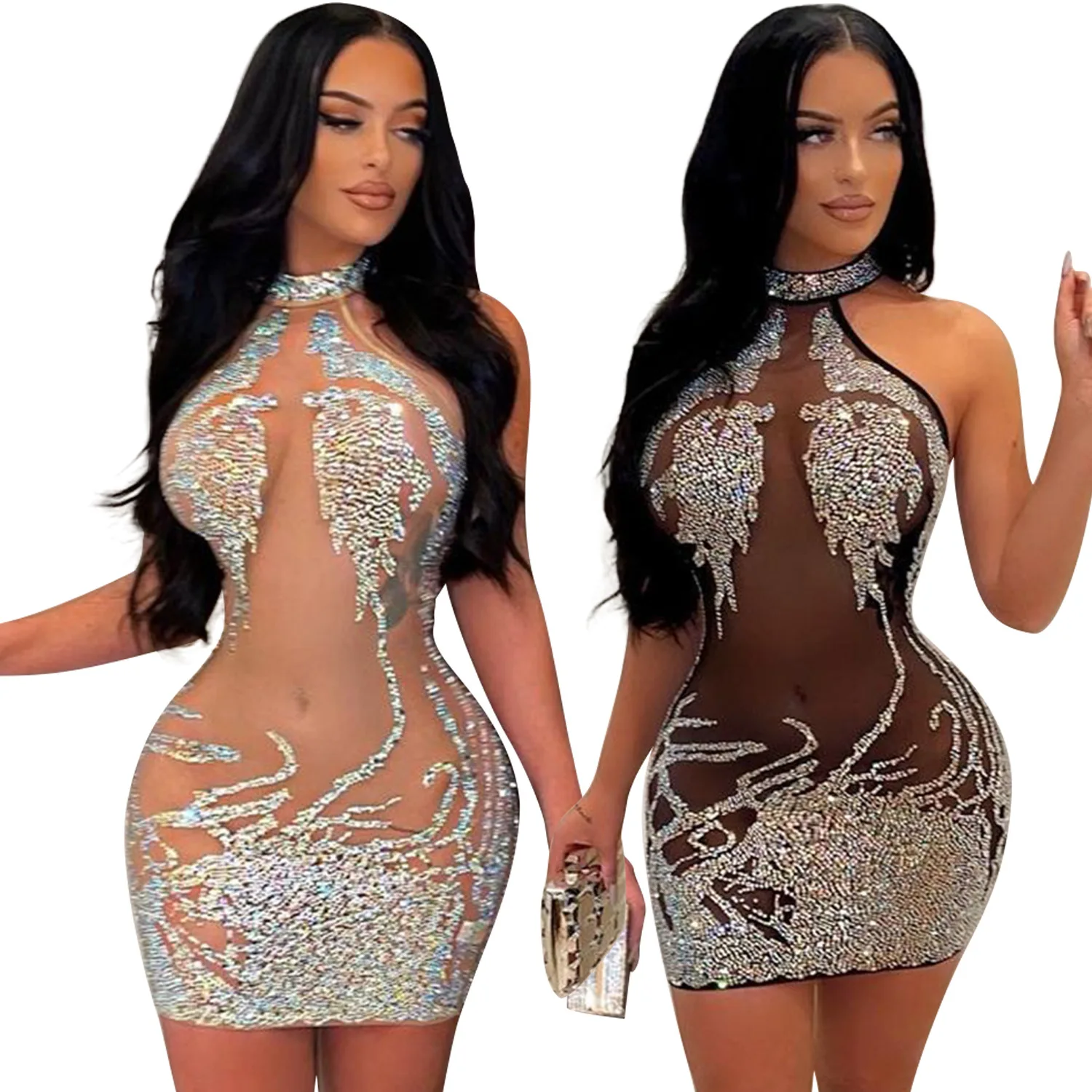 Echoine Women Sexy Hang A Neck Mesh Skinny Hot Drilling Perspective mini Dress Summer Nightclub Party Elegant Dresses vestidos