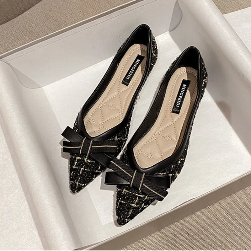 

2022 Pointed Toe Flat Shoes for Women Shallow Mouth Black Tweed Sweet Bowknot Slip on Female Shoes Party Feetwear Zapatos Mujer