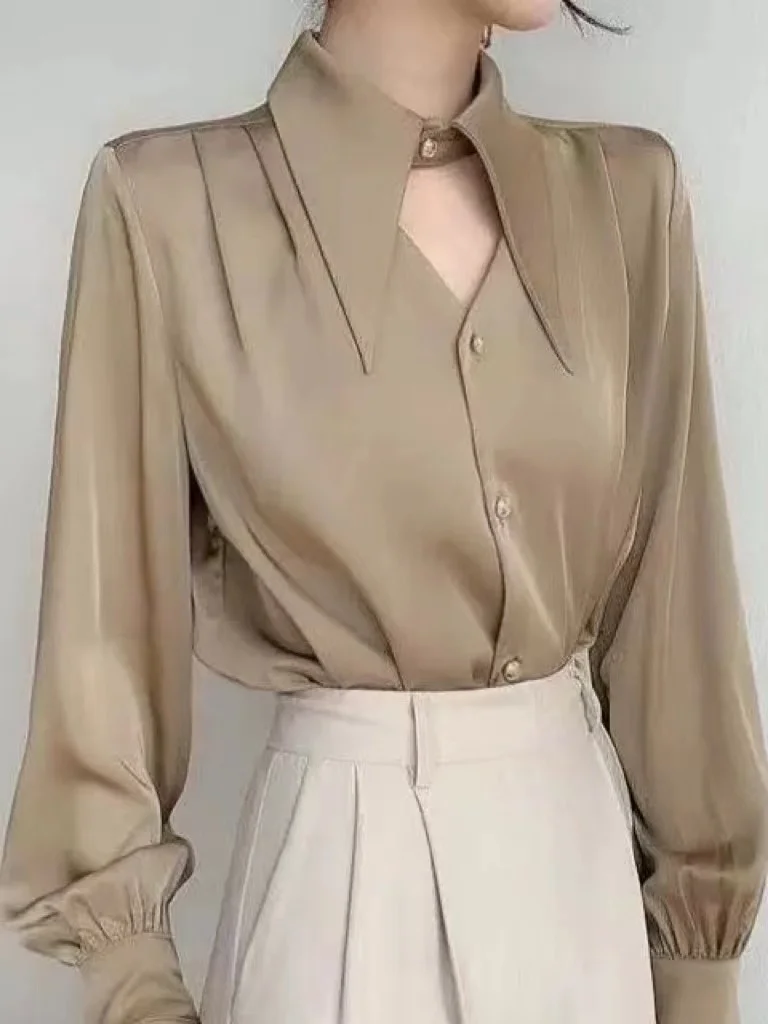

2023 Autumn Elegant Solid Woman Blouse Fashion OL Chic Turn-down Collar Long Sleeve Shirt Tops Spring Female Elegant Sexy Blouse