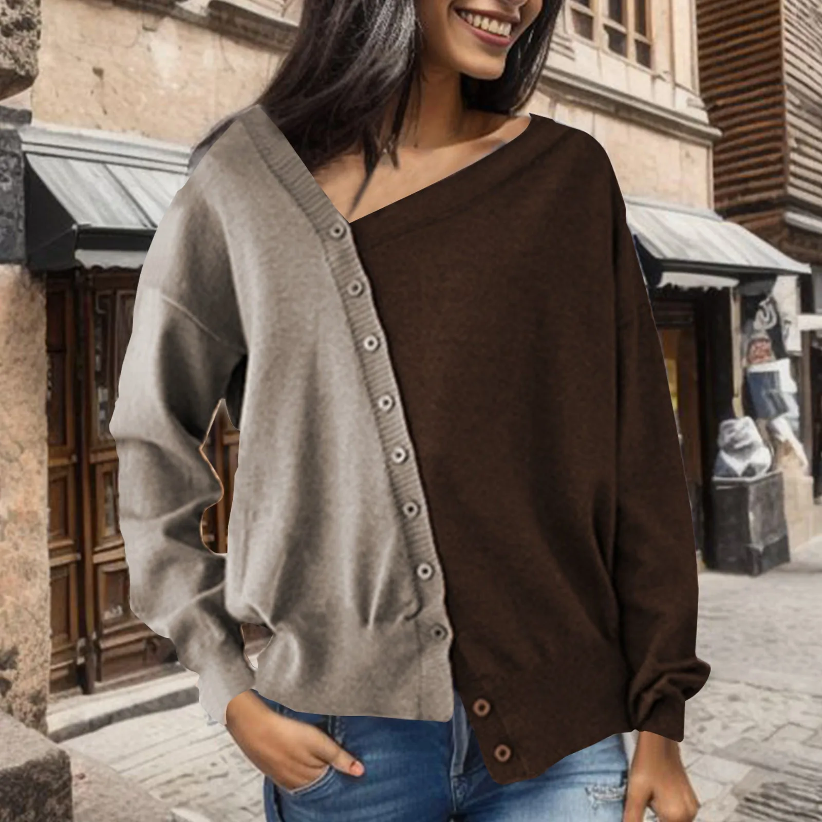 

2023 Ladies Fashion Design Inclined Single Breasted Cardigan Round Neck Blouse Elegant Solid Color Matching Lady Autumn Shirt