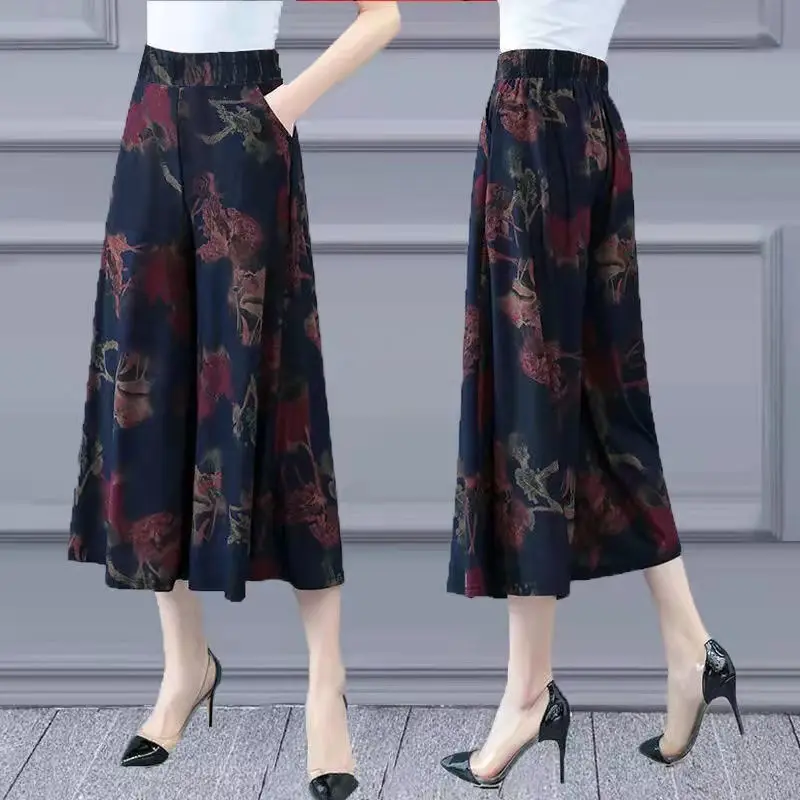 

Summer Loose Casual Elastic Waist Wide Leg Pants Women's Culottes Capri Trousers Pantalones Vaqueros Mujer E96
