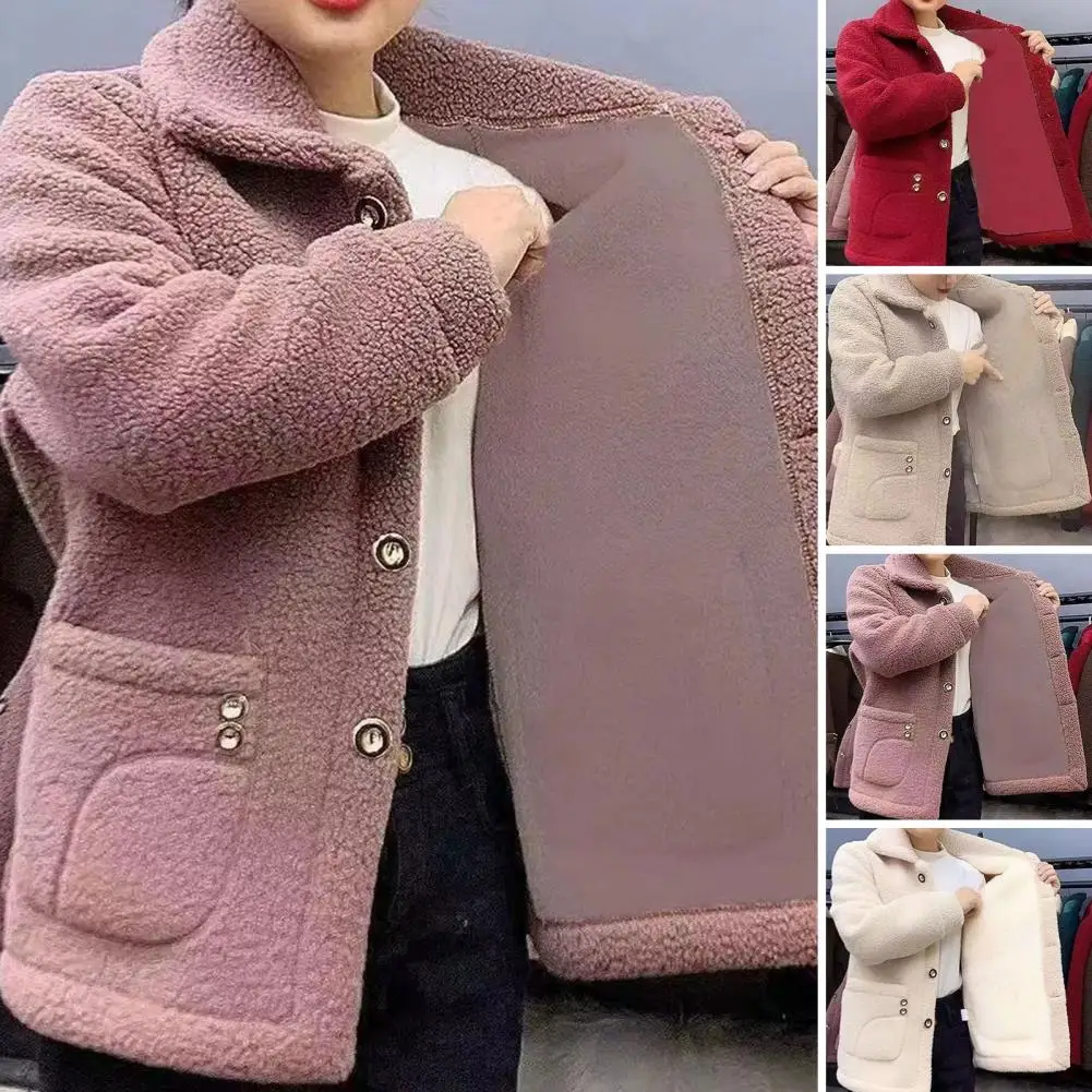

Elegant Women Coat Vintage Lapel Women's Winter Coat Soft Plush Warm Stylish Outerwear with Pockets Women Solid Color Coat
