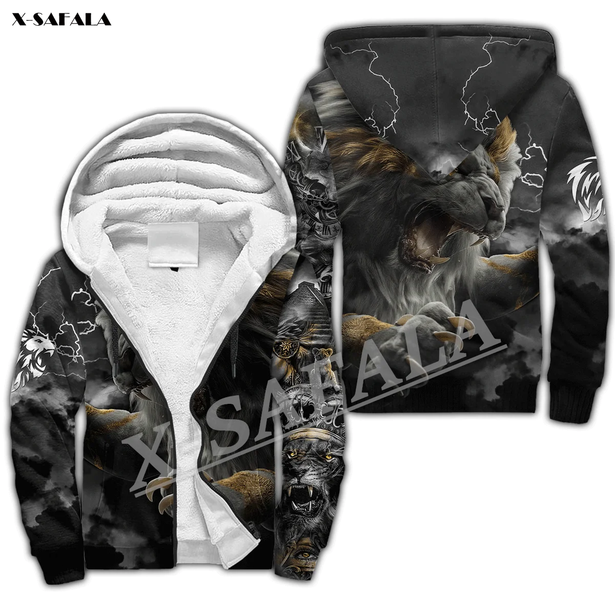 Custom Birthday Data King Lion 3D Print Men Warm Thick Fleece Zipper Hoodie Jacket Windproof Pullover Hooded Outwear US Size