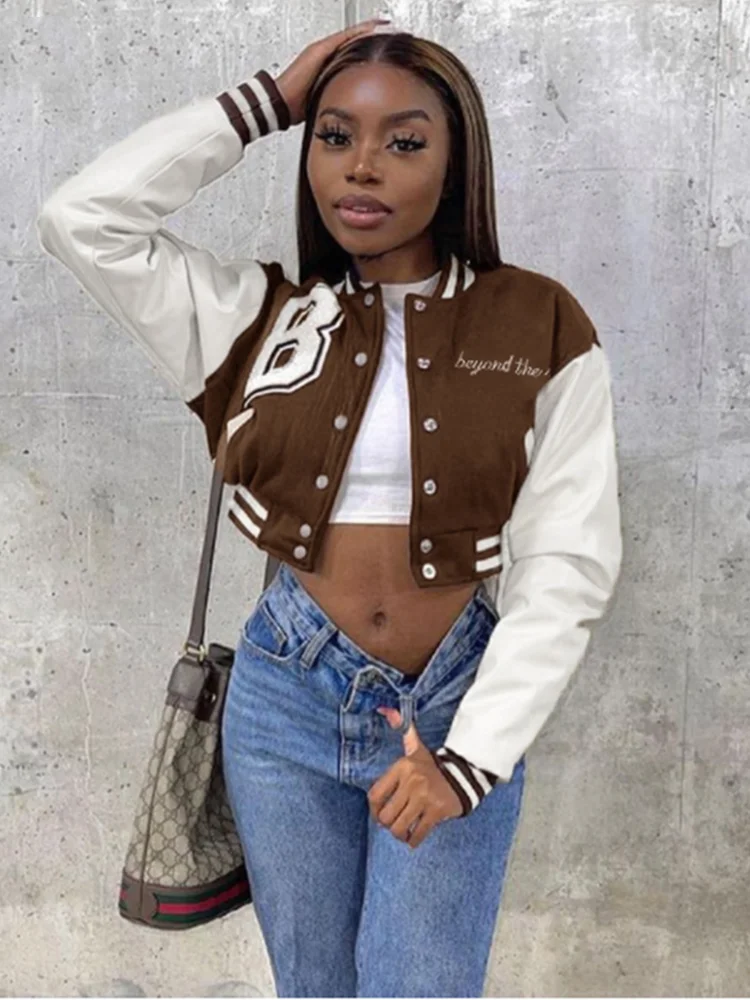 Kliou PU Лоскутная куртка в консервативном стиле Женская Осенняя Университетская