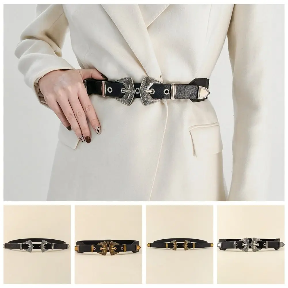 

Мужской винтажный черный металлический ремень из искусственной кожи с двойной пряжкой из сплава в Корейском стиле
