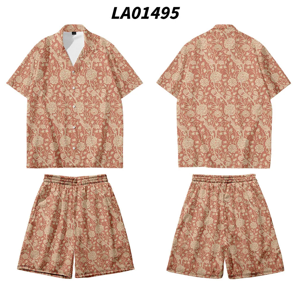 Large Size Couple Print 2PCS Pajamas Sets Thin Turn-Down Collar Shirts&Short Sleep Suit Summer Travel Beach Pants Home Clothes