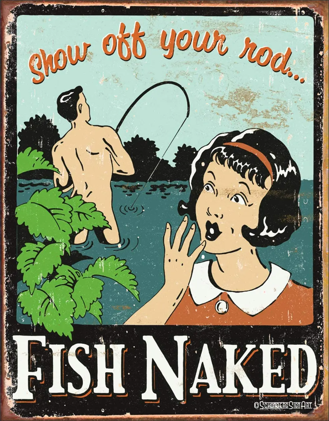 

vintage decor Fish Naked Show Off Your Rod distressed vintage tin sign outdoor decor farmhouse home decor