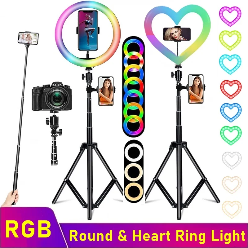 universal selfie rgb led ring fill light photography dimmable rgb lamp with tripod for makeup video live aro de movil luz para free global shipping