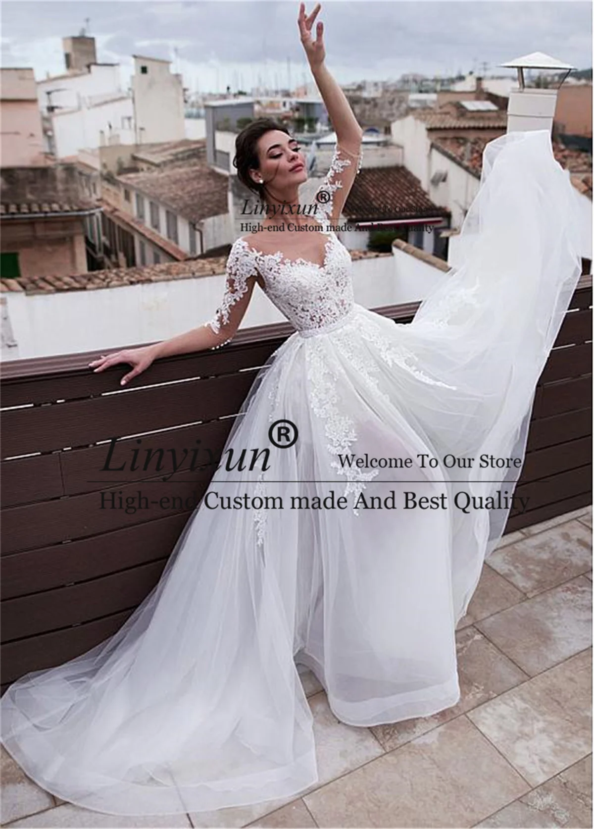 

2 в 1, свадебное платье с кружевной аппликацией и рукавом 3/4