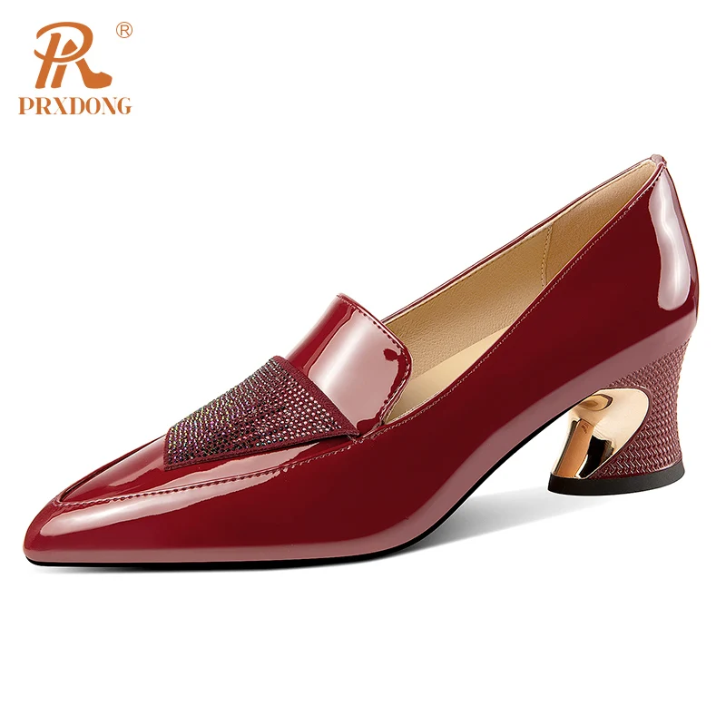 

PRXDONG Women's Brand Genuine Leather Med Heels Pointed Toe Black Wine Red Crystal Dress Party Office Female Shoes Pumps 34-39