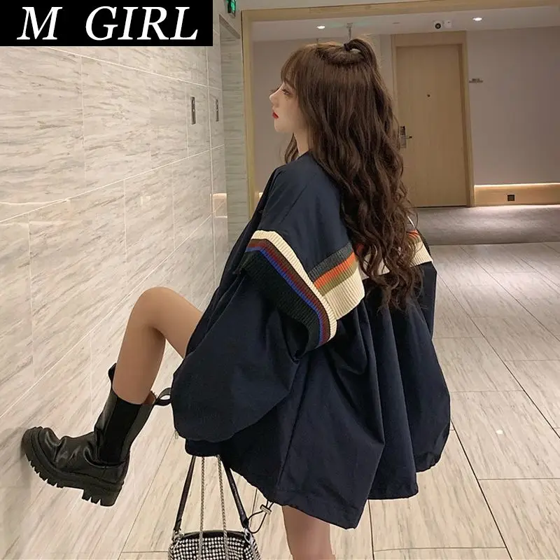 M GIRLS Basic Jackets Autumn Popular Patchwork Korean Style Zipper Loose Streetwear Bf   Retro Outwear Students Chic New