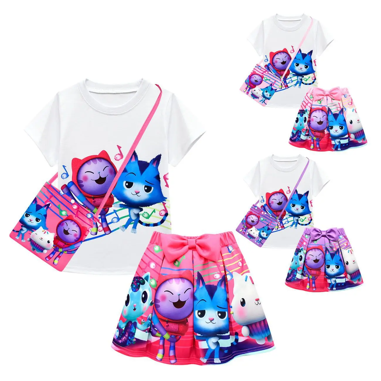 

Костюм для кукольного домика Gabbys, Детская летняя одежда, топы с мультяшным рисунком для маленьких девочек + платья с милой юбкой + сумка, костюмы из 3 предметов, детская одежда