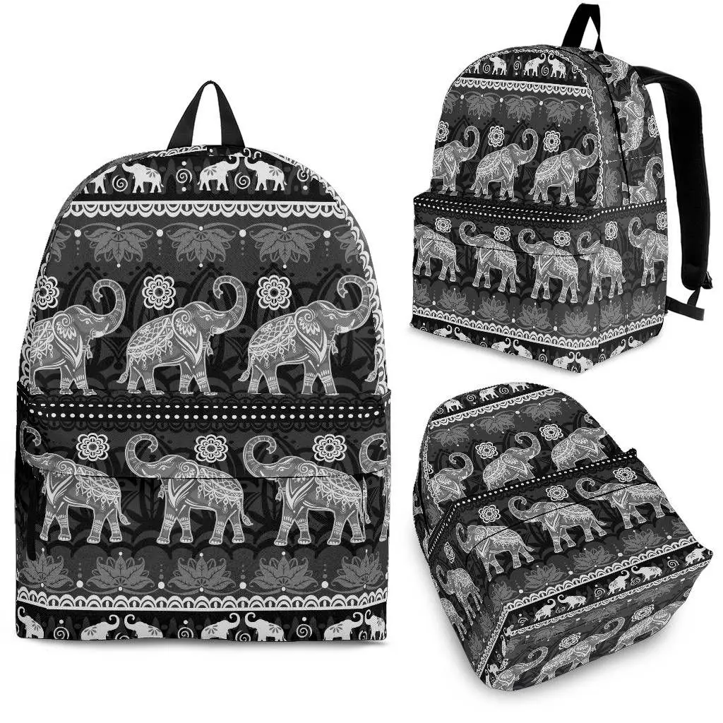 

YIKELUO Bohemian Tribal Elephant Print Black Durable Comfortable Adjustable Shoulder Strap Backpack Youth Laptop Knapsack