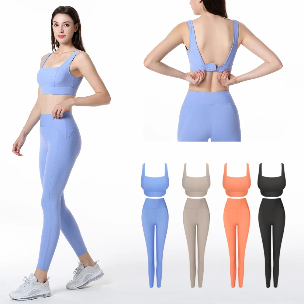 

Yoga Suit 2PCS Set Adjustable Eyehooks Fixed Pads Sport Bra High Waist Leggings