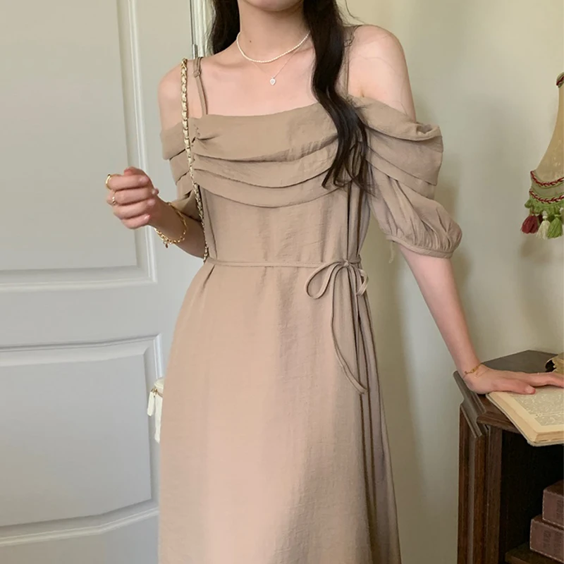 

SuperAen Korea's Chic Summer Slash Neck Off-the-Shoulder Strap Waist Long Bubble Sleeve Strap Dress Women
